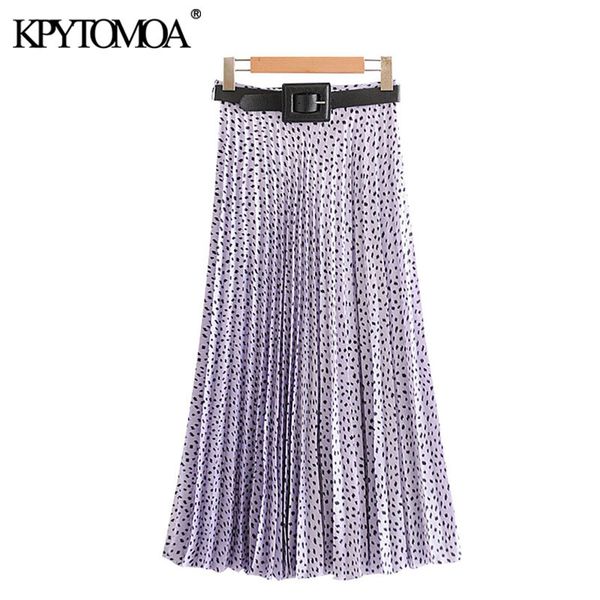

kpytomoa women 2020 chic fashion with belt print pleated midi skirt vintage high waist side zipper female skirts faldas mujer 1015, Black