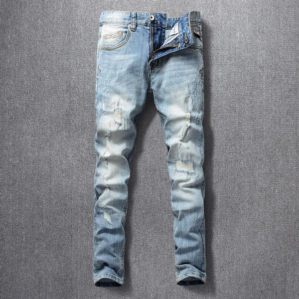 

italian style fashion men jeans retro light blue elastic slim fit ripped denim trousers patchwork vintage designer pants homme 201117