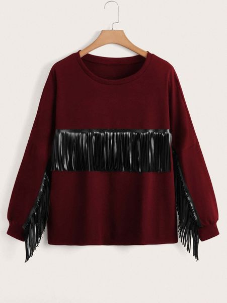 

plus fringe trim drop shoulder pullover j55e#, Black