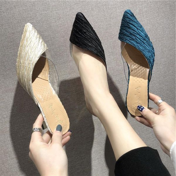 

womens pointed toe beige high heel muller slippers women mules summer shoes woman fashion satin shallow rubber sole female shoes, Black