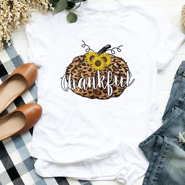 

women lady pumpkin leopard trend print thanksgiving fall halloween tshirt shirt clothes graphic female t tee womens t-shirt, White