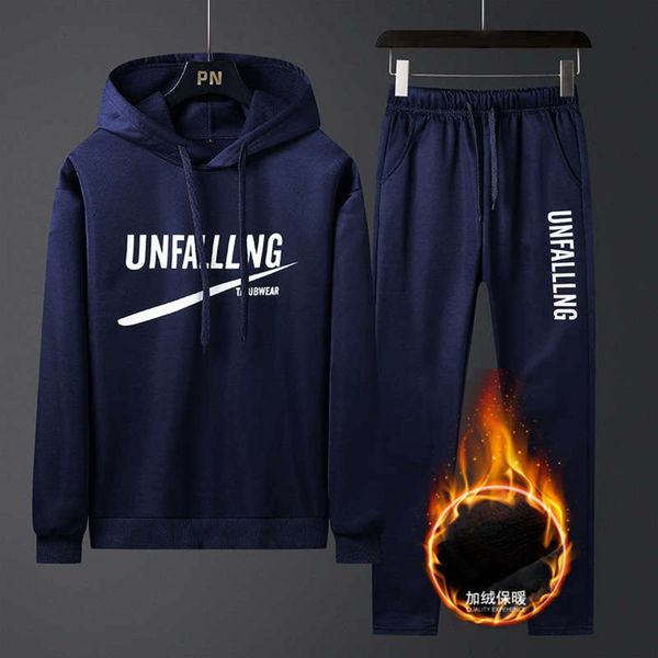 

sports plush fall / winter leisure 2020 new men's korean slim fit hooded long sleeve two piece suit, Gray