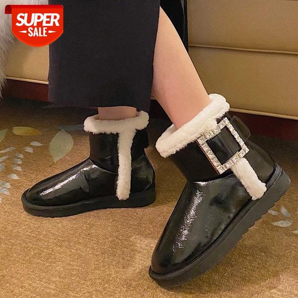 

lucyever black silver fashion crystal buckle snow boots women waterproof pu leather ankle boots woman winter fur warm shoes lady #jk5t
