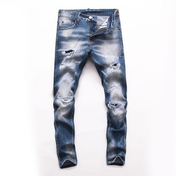 

men ripped distressed blue jeans fashion slim fit washed motocycle stylist denim pants men's hole hip hop biker mens rips trousers nj82
