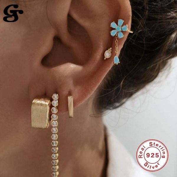 

GS 925 Silver Earrings Turquoise Flower Pure S925 Sterling Plata Piercing Stud Ear Rings 2021 Western Hot Sale Trendy Pendientes, Golden;silver