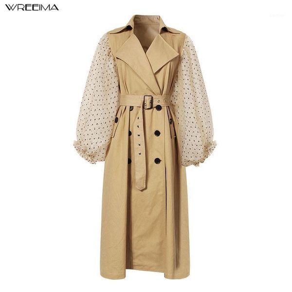 

wreeima 2019 autumn casual women long coat puff sleeve overcoat loose outwear double-breasted female winter autumn trench coats1, Tan;black