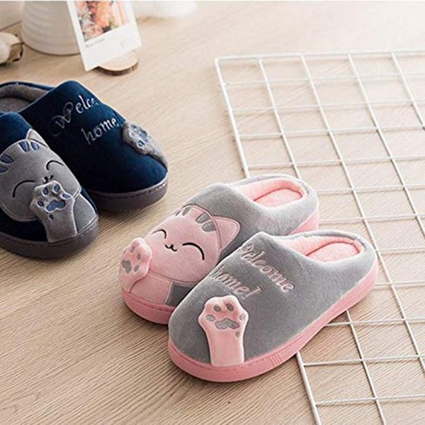 

slippers puimentiua women winter home cartoon cat shoes non-slip soft warm house indoor bedroom lovers couples, Black