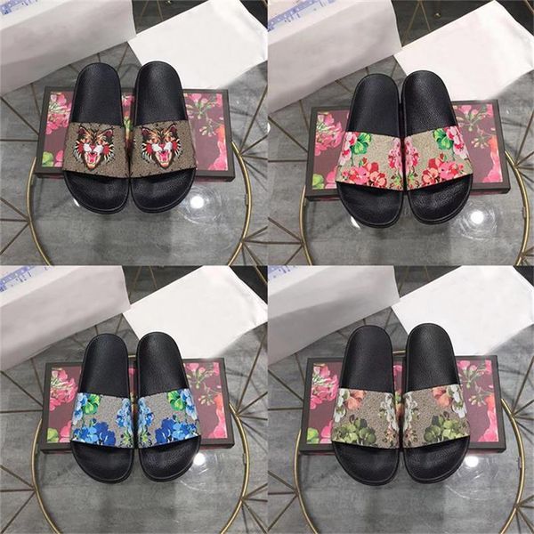 Designer Hausschuhe Blooms Gummi Slides Männer Frauen Sandalen Flache Erdbeere Tiger Bienen Grün Rot Weiß Web Mode Schuhe Strand Flip Flops Blume mit Box 35-48