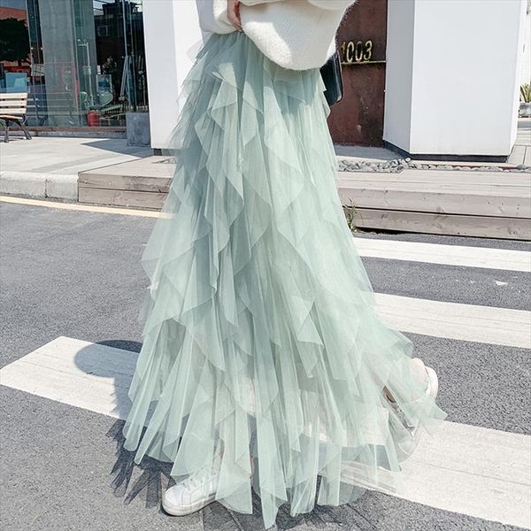 

fashion tutu tulle skirt women long maxi skirt 2020 spring korean black pink high waist pleated female