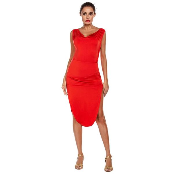 

stage wear woman dance costume red split latin dress xs-xl drop, Black;red