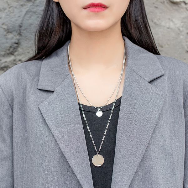 

double layer figure relief round brand necklace women ins versatile hip hop clavicle chain fashion t-shirt pendant, Silver