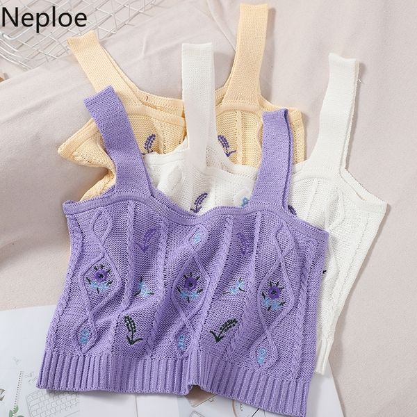 

neploe floral embroidery knitted tanks summer high waist short sweater sling vest korean strapless camisole 4c274 t200731, White