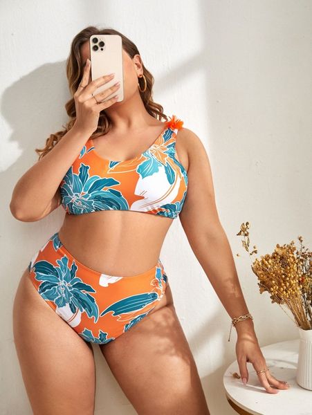 

plus floral print applique high waisted bikini swimsuit n2lj#, Black