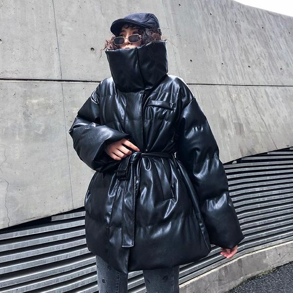 

women's fur & faux women pu leather cotton padded jacket coats female russia cold winter thick warm windproof stand belt parka, Black