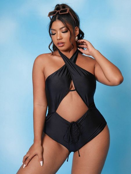 

plus solid cut-out cross one piece swimsuit i9qb#, Black