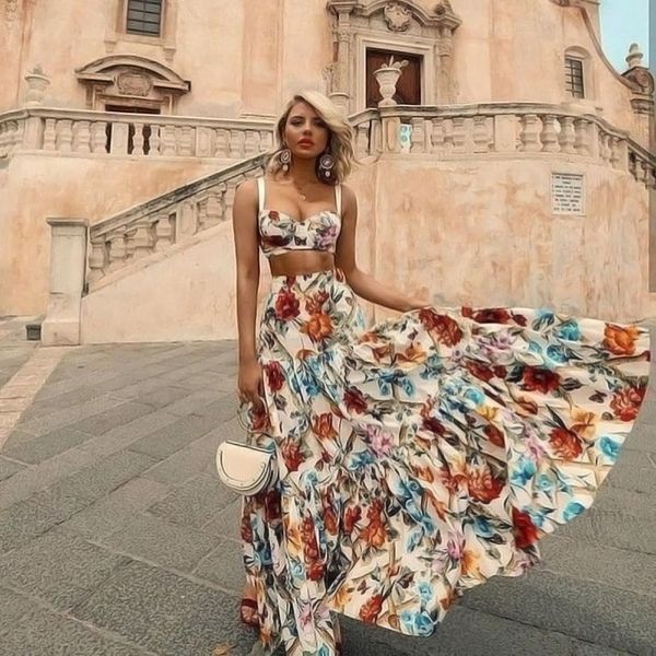 

floral print women summer dress sleeveless 2 piece set bohemian dresses holiday vestidos chic plus size beach dress rode, Black;gray