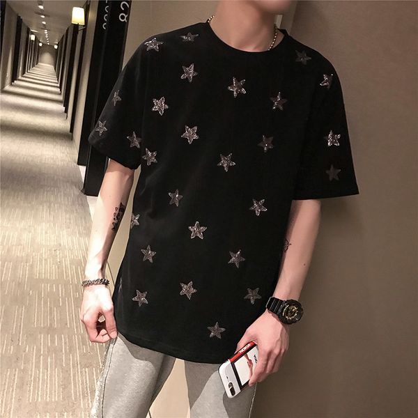 

taomen's fashion brand street tim short sleeve five pointed star sequin heavy industry embroidery t-shirt, White;black