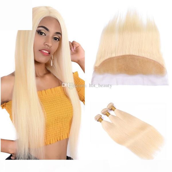 

613 hair peruvian blonde straight human hair 3 bundles with 13x4 lace frontal closure pre plucked honey 8a blonde virgin hair, Black