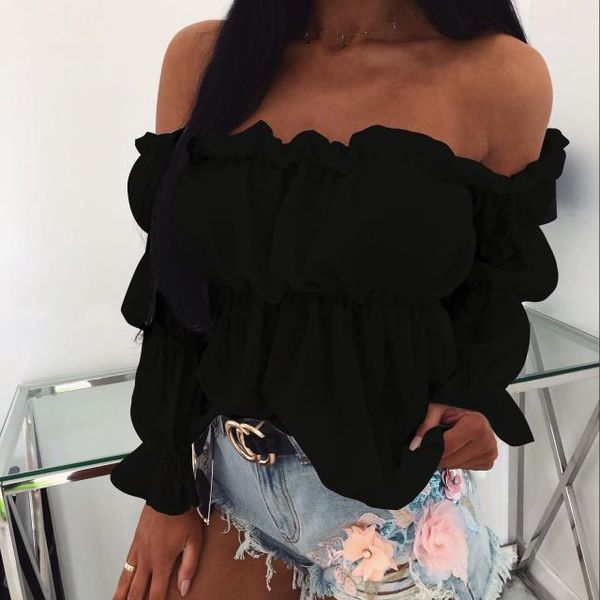 

elegant women off shoulder chiffon fashion solid color pleated shirt 2020 new womens office street and shirts1, White