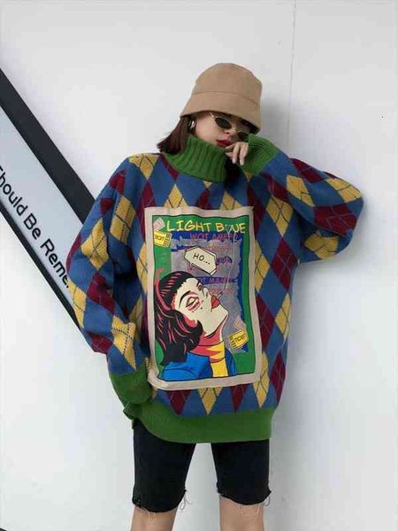 

vintage argyle print women sweater cartoon print pullover sweater autumn winter thick turtleneck knitted jumpers, White;black