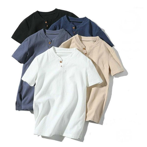

retro men's cotton linen t shirt v neck solid color short sleeve slim fit wild tee harajuku streetwear men summer casual, White;black