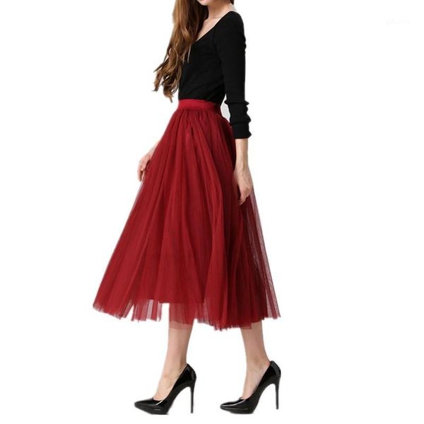 

new women long skirts mesh tiered ballet tulle pleated skirt high waist wedding prom rockabilly bouffant skirts1, Black