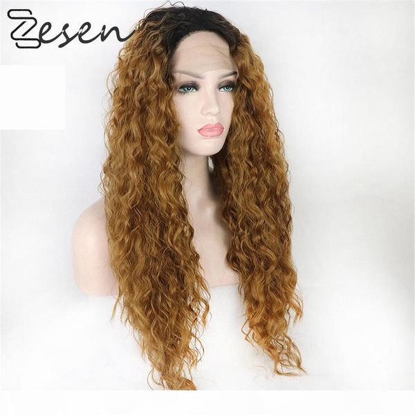 

zesen heat resistant fiber hair long curly wavy synthetic wig ombre blonde color synthetic lace front wigs for women baby h, Black