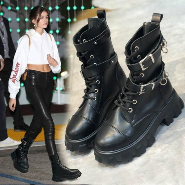 

ladies punk chunky platform brand ankle boots buckle lace up fashion boots women motocycle designer shoes woman, Black