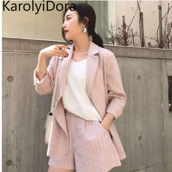 

women's suit 2020 striped women shorts casual office lady blazer jacket high waist pant 2 piece set female lj200907, White;black