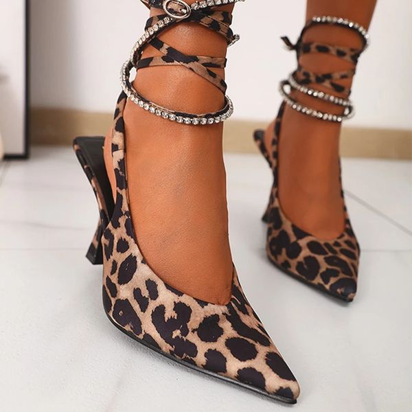 Женские леопардовые сандалии сандалии лодыжка щипа щипцы Shinestone Slingback High Hauller Shoes Summer