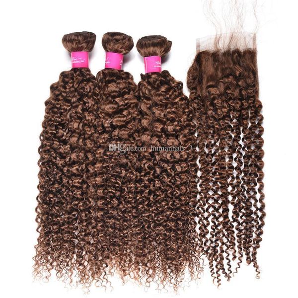 

afro kinky curl brown hair weaves with lace closure 4# middle brown kinky curly three part lace closure with bundles, Black;brown