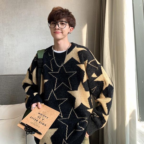 

yasuguoji hip loose mens pullover sweaters fashion star pattern knitted sweater men autumn casual christmas sweater 2020, White;black
