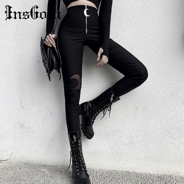 

insgoth black pencil high waist pants gothic moon zipper hollow out bodycon women long trousers casual streetwear vintage pants y200418, Black;white
