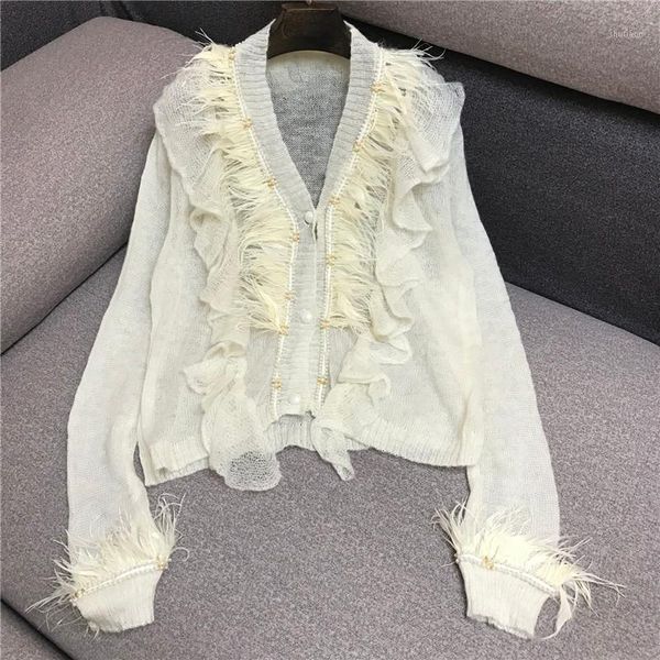 

jumper rushed women's knitted cardigan ruffled v-neck long-sleeved wool sweater 2020 new mohair heavy industry beaded feather1, White