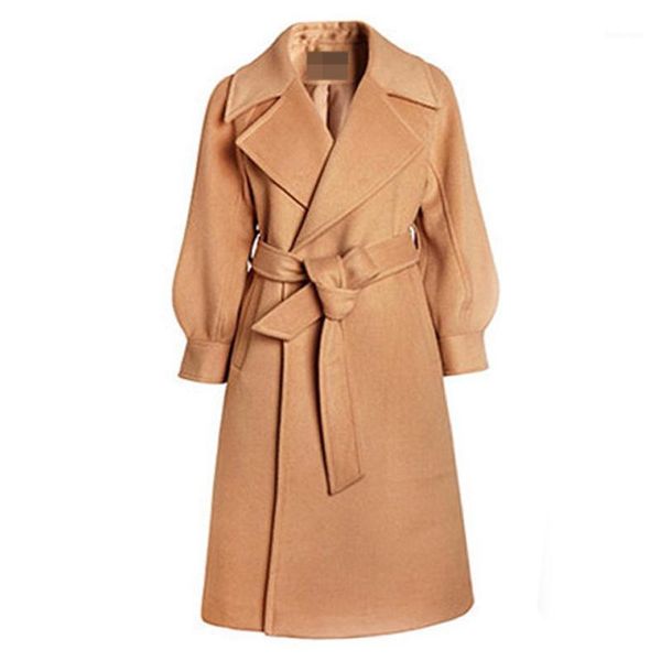 

elegant long women's coat lapel 2 pockets belted jackets solid color beige tan coats female outerwear1, Black