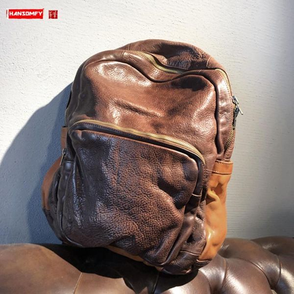 

vegetable tanned leather men backpack large capacity washed to make old leather travel backpacks vintage shoulder bag