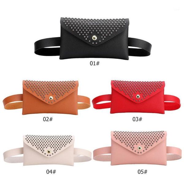 

punk solid color rivet shoulder waist bags fanny packs women flap chest bag1