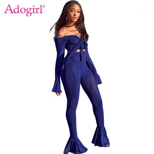 

adogirl shining silver wire two piece set tie bow off shoulder long bell sleeve crop skinny flare pants high stretchy outfit1, Gray