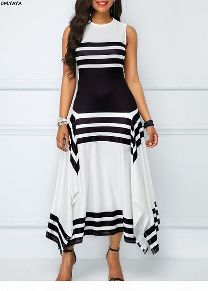 

new women sleeve less o-neck black white stripes irregular hem a-line long maxi dress fashion casual vestidos 2 colors gla6077, Black;gray