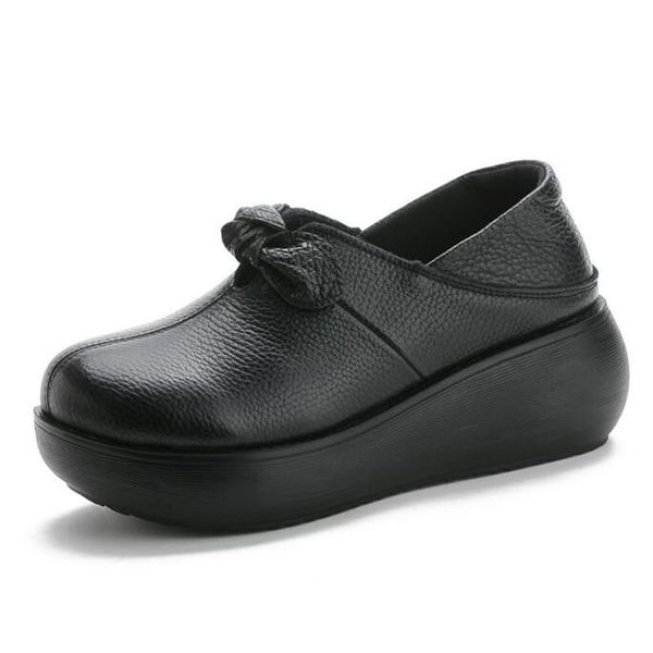 

2021 new spring autumn bow genuine leather shoes woman platform shoes wedge comfort women high heel fashion casual, Black