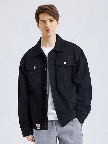 

men patched button front flap pocket jacket t3j0#, Black;brown