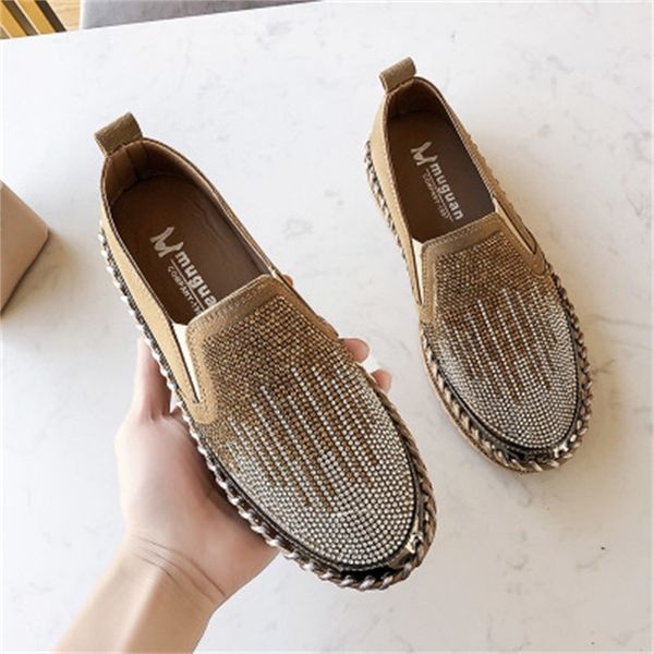 

round-toed 2021 new crystals leather silver bling moccasins couple women's shoes 35-43 j1nk, Black