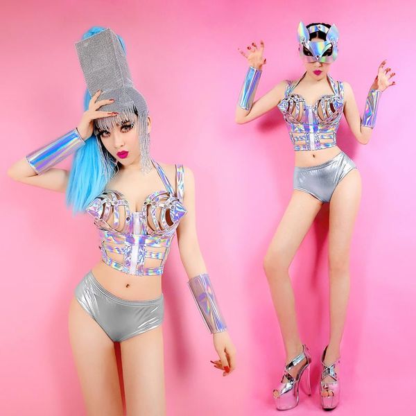 

future technology holographic stage costume set hollowed-out shirt bar nightclub dj ds gogo performance outfit mask headpiece, Black;red