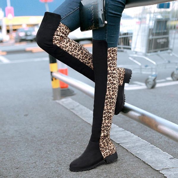 

leopard pattern high tube boots women's over-the-knee boots large size 43 european ladies autumn winter stretch knitting booties, Black