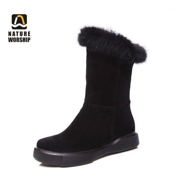

boots winter women mid-calf flock nubuck faux fur solid fashion keep warm plush insole round toe slip-on low heels platform1, Black