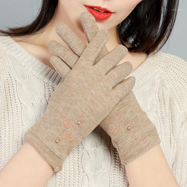 

five fingers gloves winter cashmere cute flower embroidery women thin section plus velvet warm mittens spring windproof cycling driving e471, Blue;gray