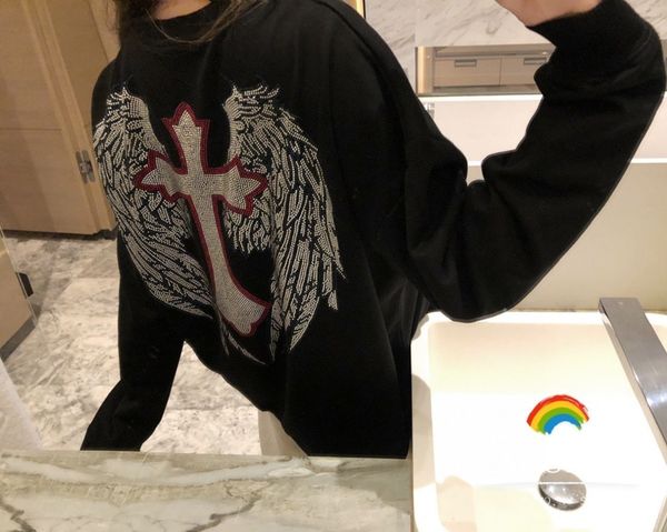 

huo ou chao sanskrit cross heavy industry drill autumn and winter new style sweater girl's round collar pullover angel wings, Black