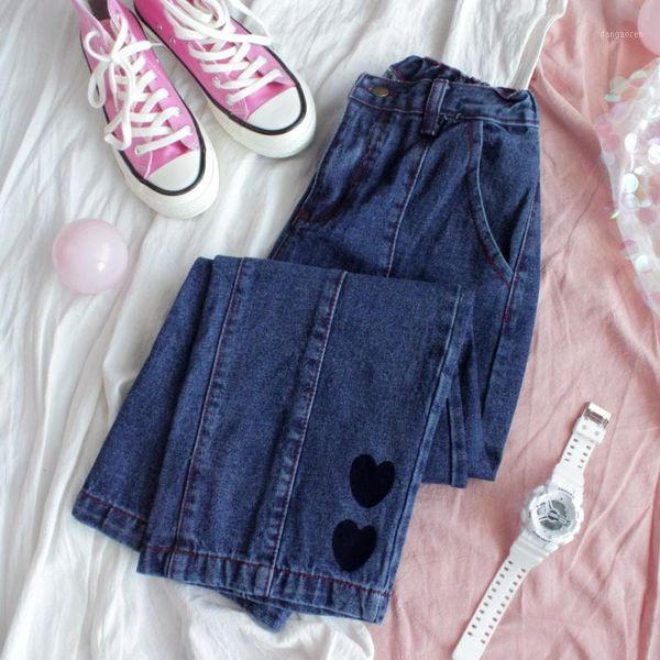 

new woman jeans young girl nine loose pants female kawaii heart denim women harajuku casual straight pants mujer1, Blue