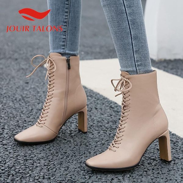 

jouir talons new fashion brand women shoes big size 43 elegant square toe strange style heels office lady lace-up autumn boots, Black