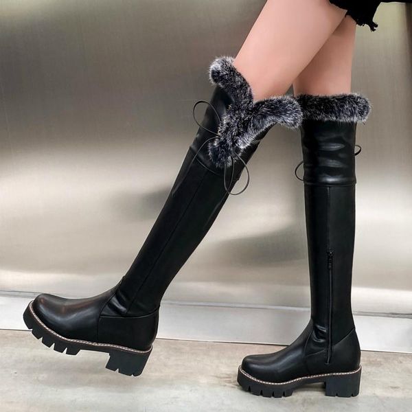 

black white fur snow boots women winter women's high boots platform chunky heels pu leather casual warm winter shoes woman